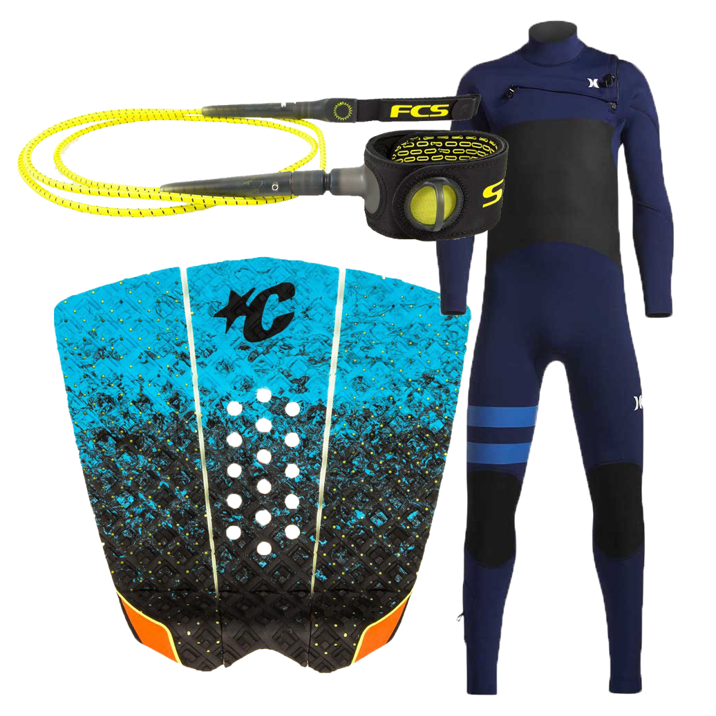 leash, surfpad, wetsuit