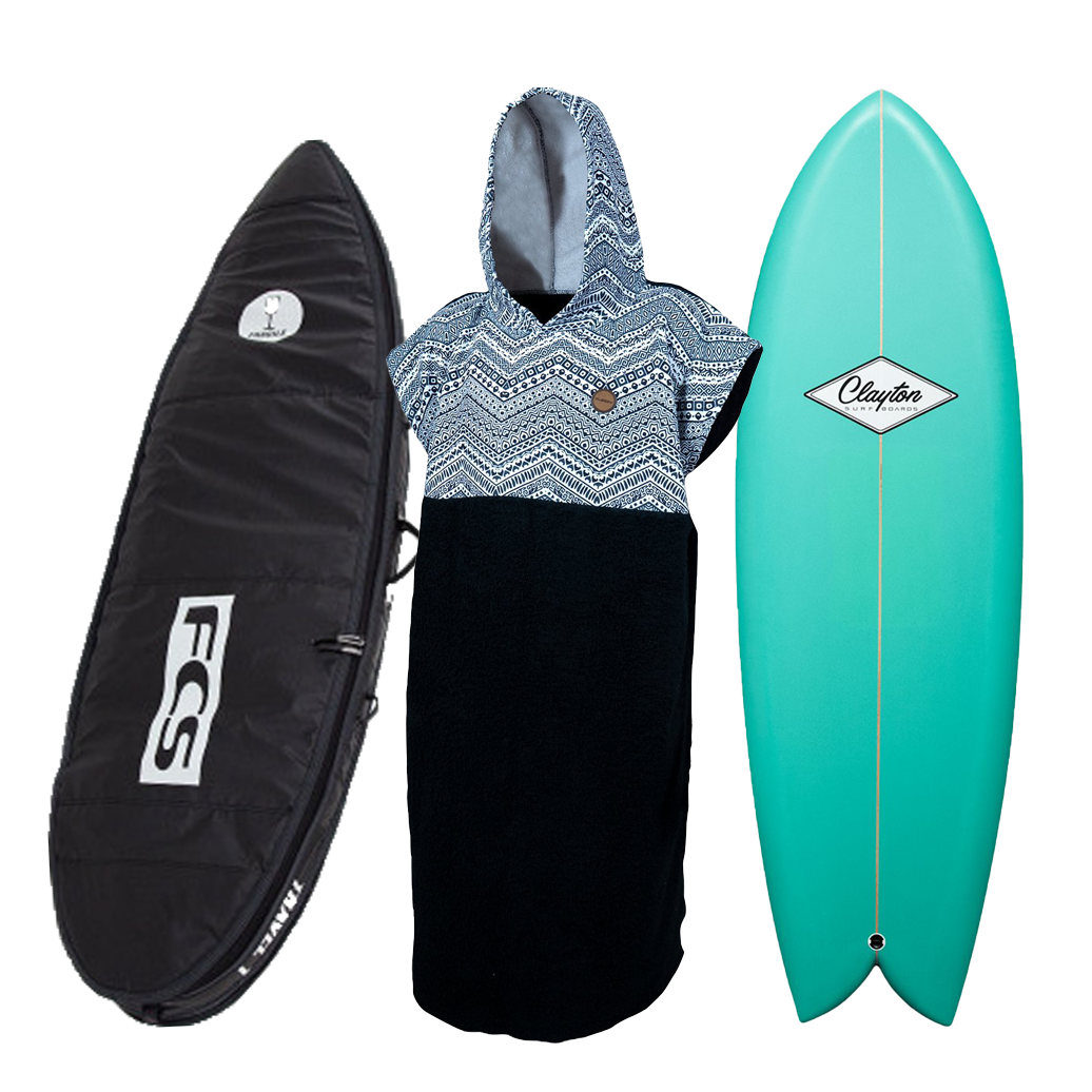 poncho, surfbag, surfboard